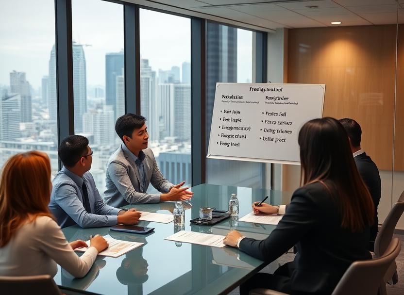 Business English learners practising a presentation in a glass-walled meeting room