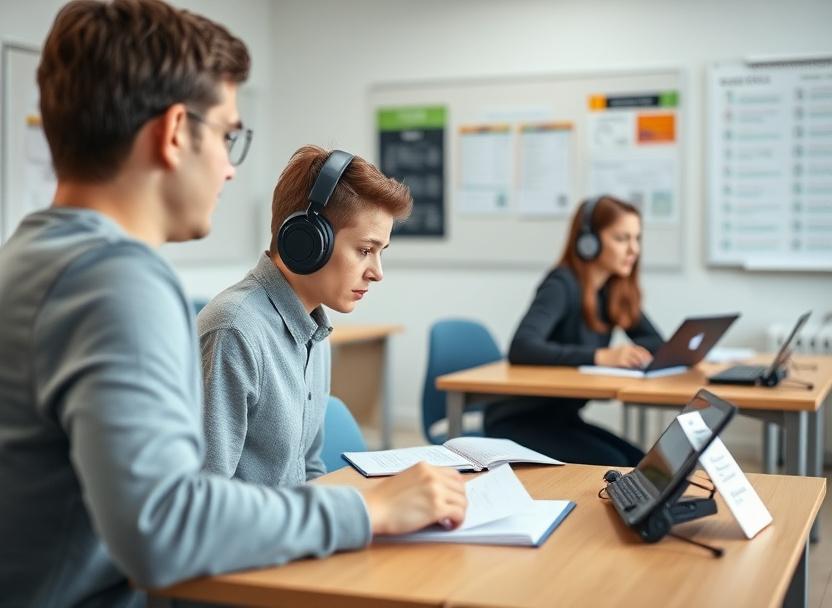 Candidate taking a timed listening mock test in the exam preparation wing