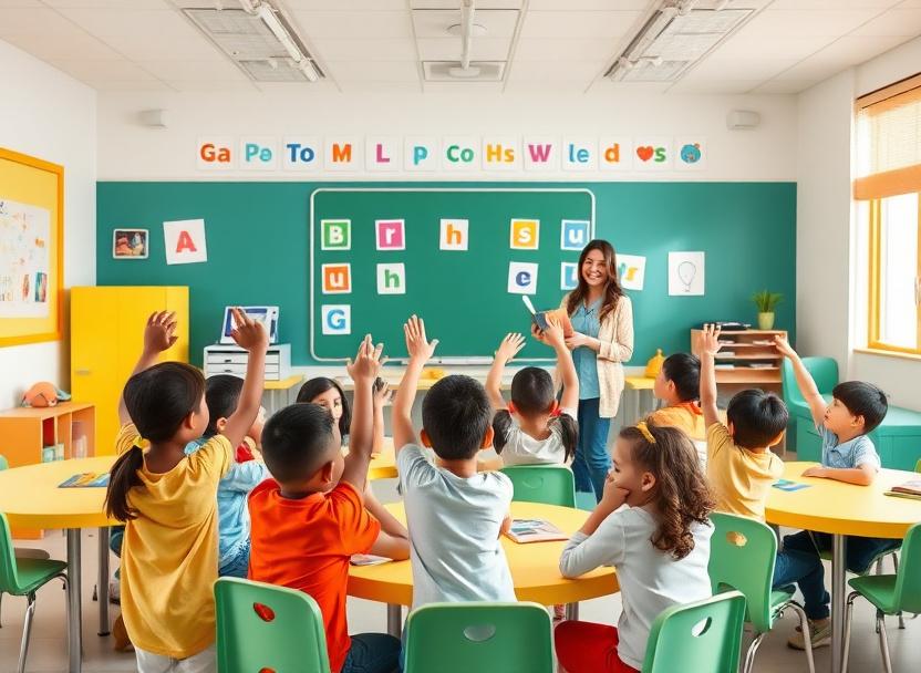 Children raising their hands during a storytelling activity in the kids classroom