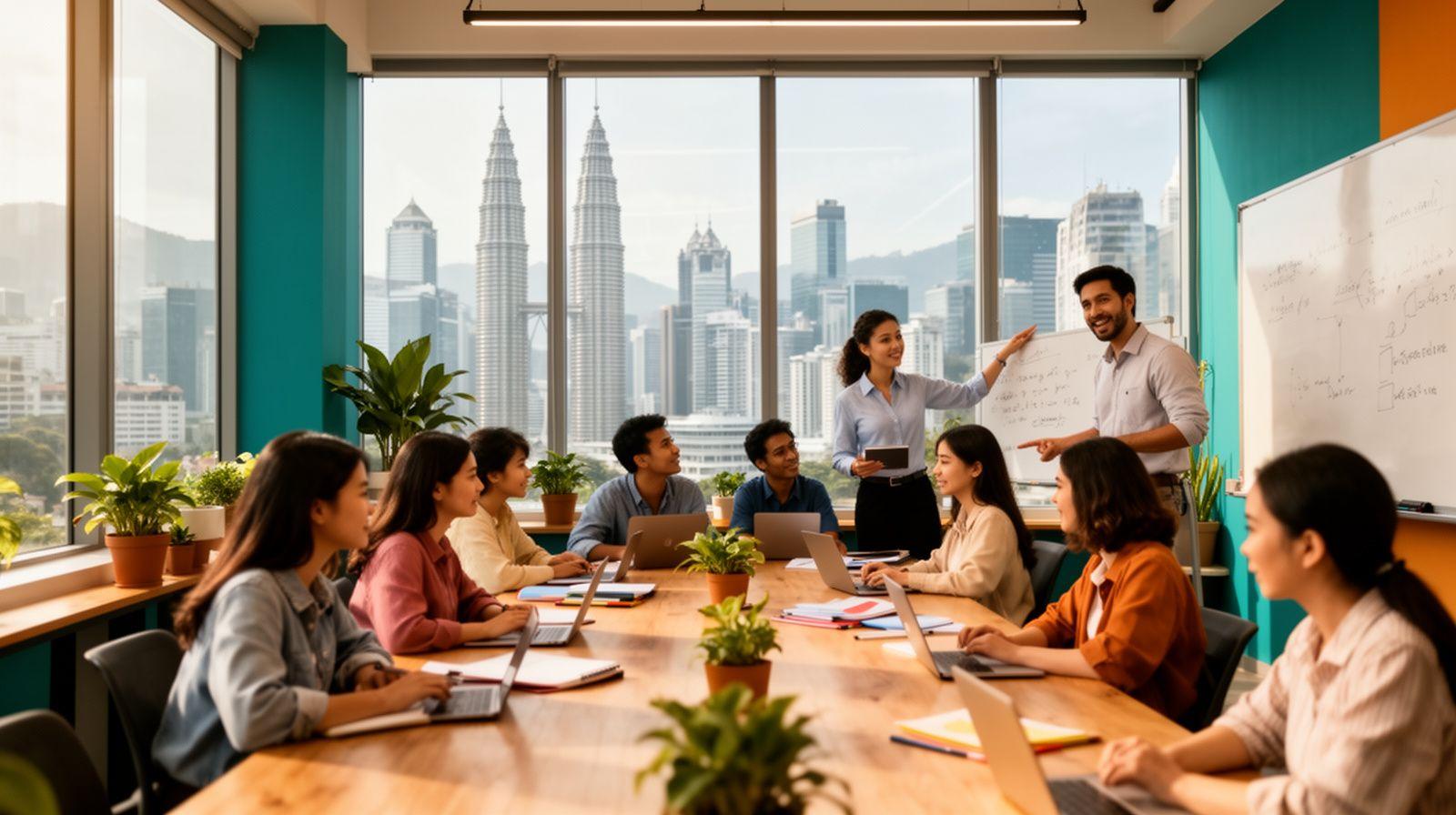 Students in an English class at CoachCare Academy with the Kuala Lumpur skyline behind