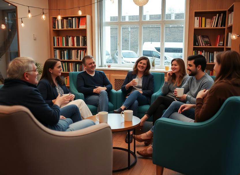 Members of the Conversation Club talking in armchairs in the academy lounge